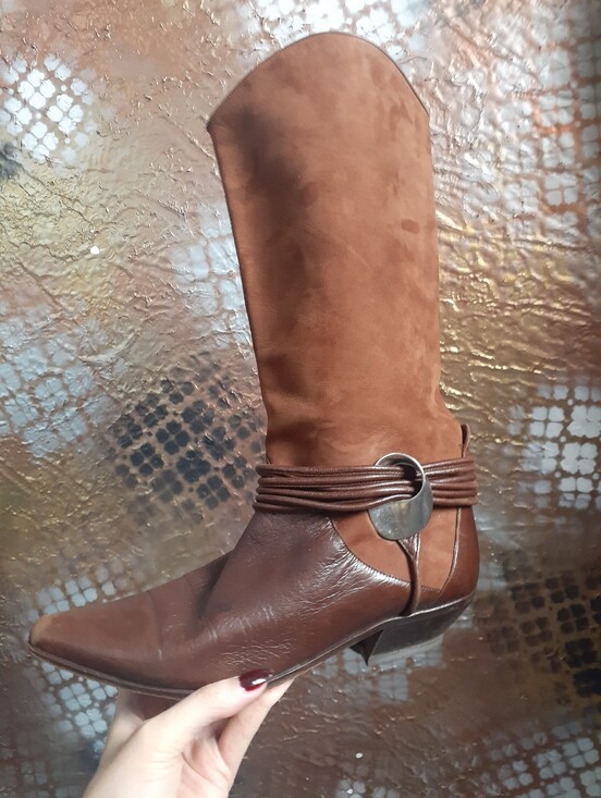 Via Spiga Shoes - Vintage Via Spiga Two-Tone Leather And Suede Brown Western Boot with Wrap Strap